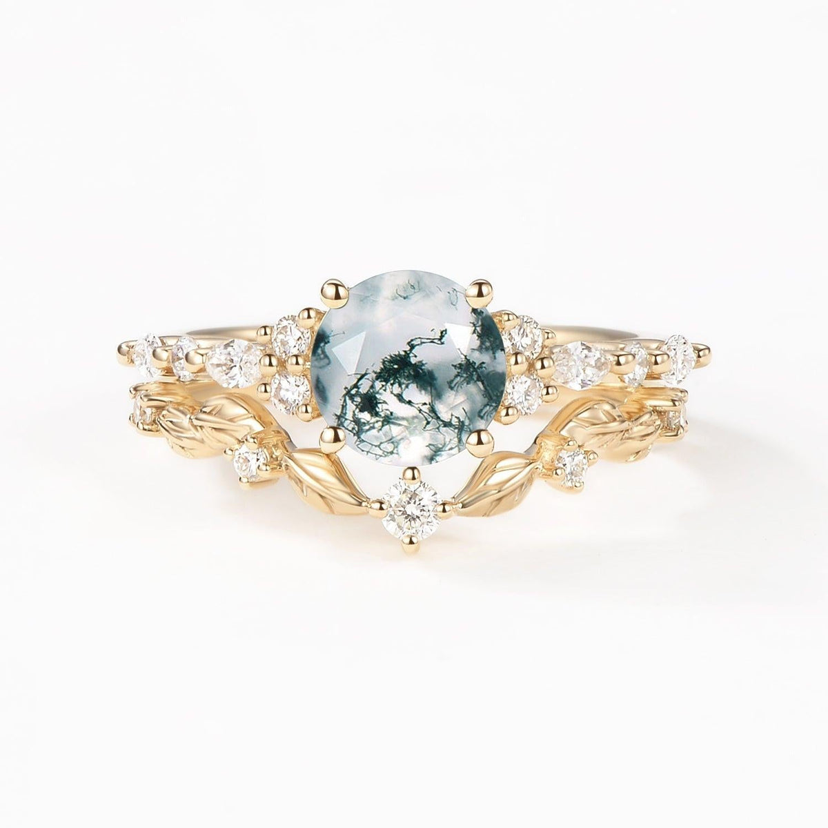 Isadora’s Verdant | Round Moss Agate Vine Engagement Bridal Set 2pcs