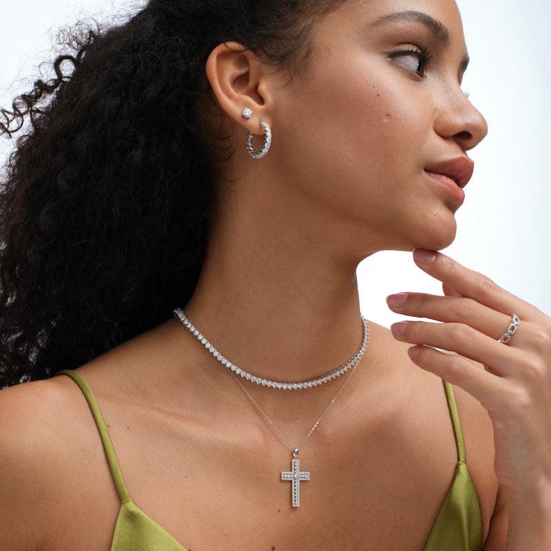 Minimal Cross Pendant Necklace In Silver Moissanite - Unisex