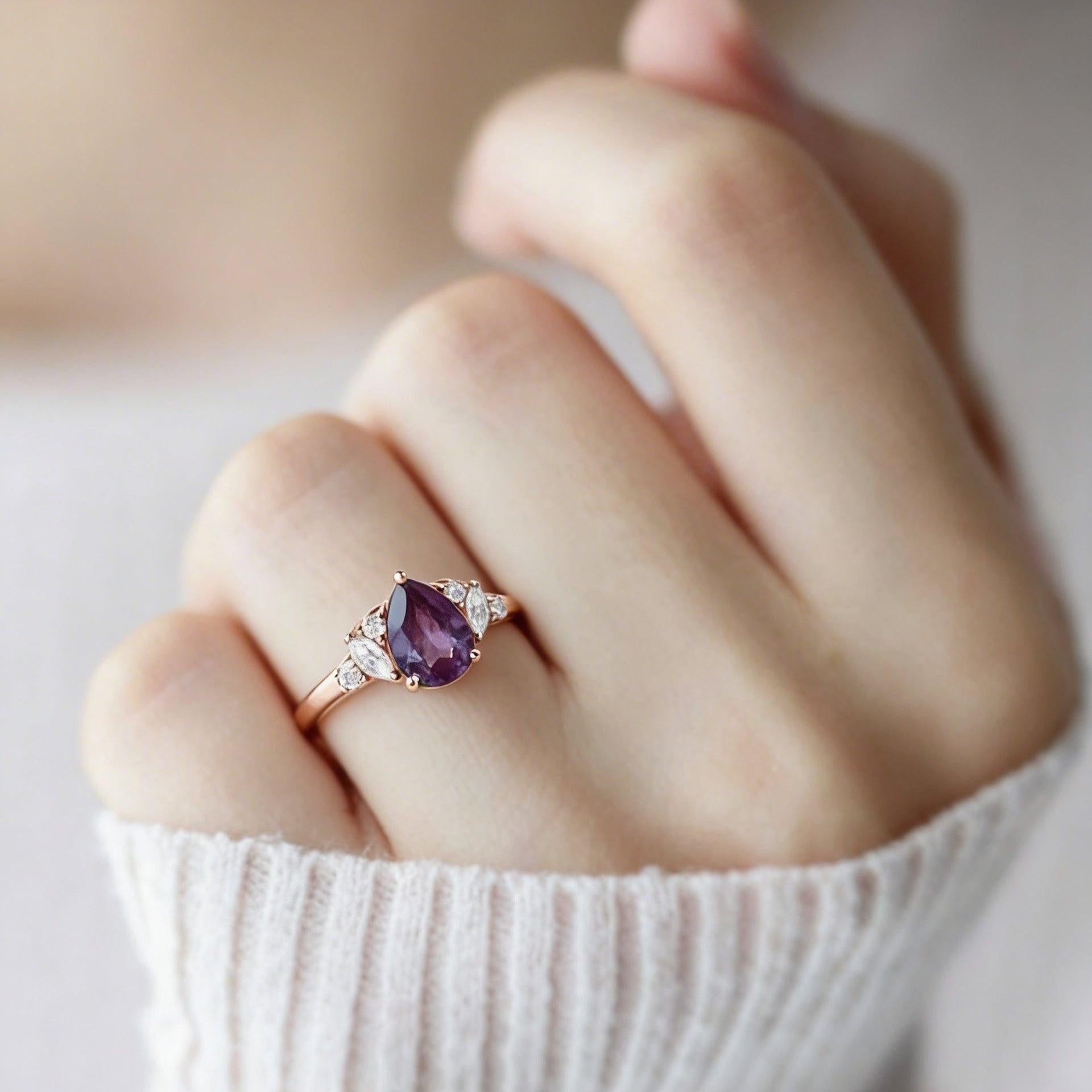 Celia’s Mirage | Classic Pear Lab Alexandrite Engagement Ring