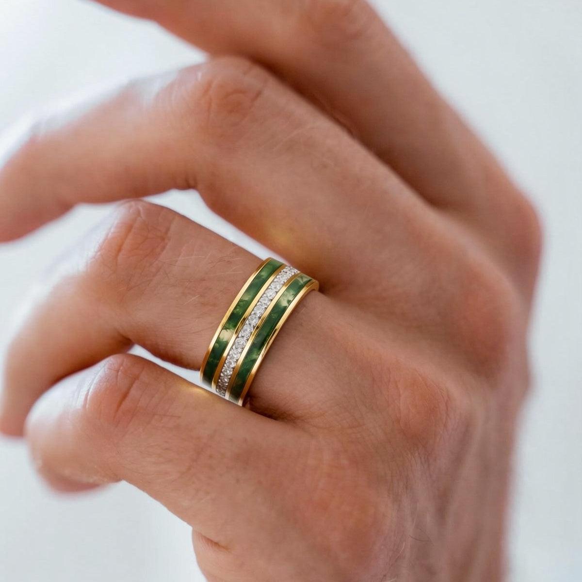 Atlas Keystone | 8MM Wide Moss Agate & Diamond Men's Wedding Band
