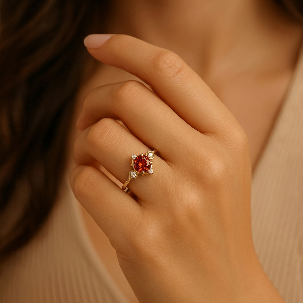 Juliet’s Crimson | Round Cut Garnet Halo Engagement Ring
