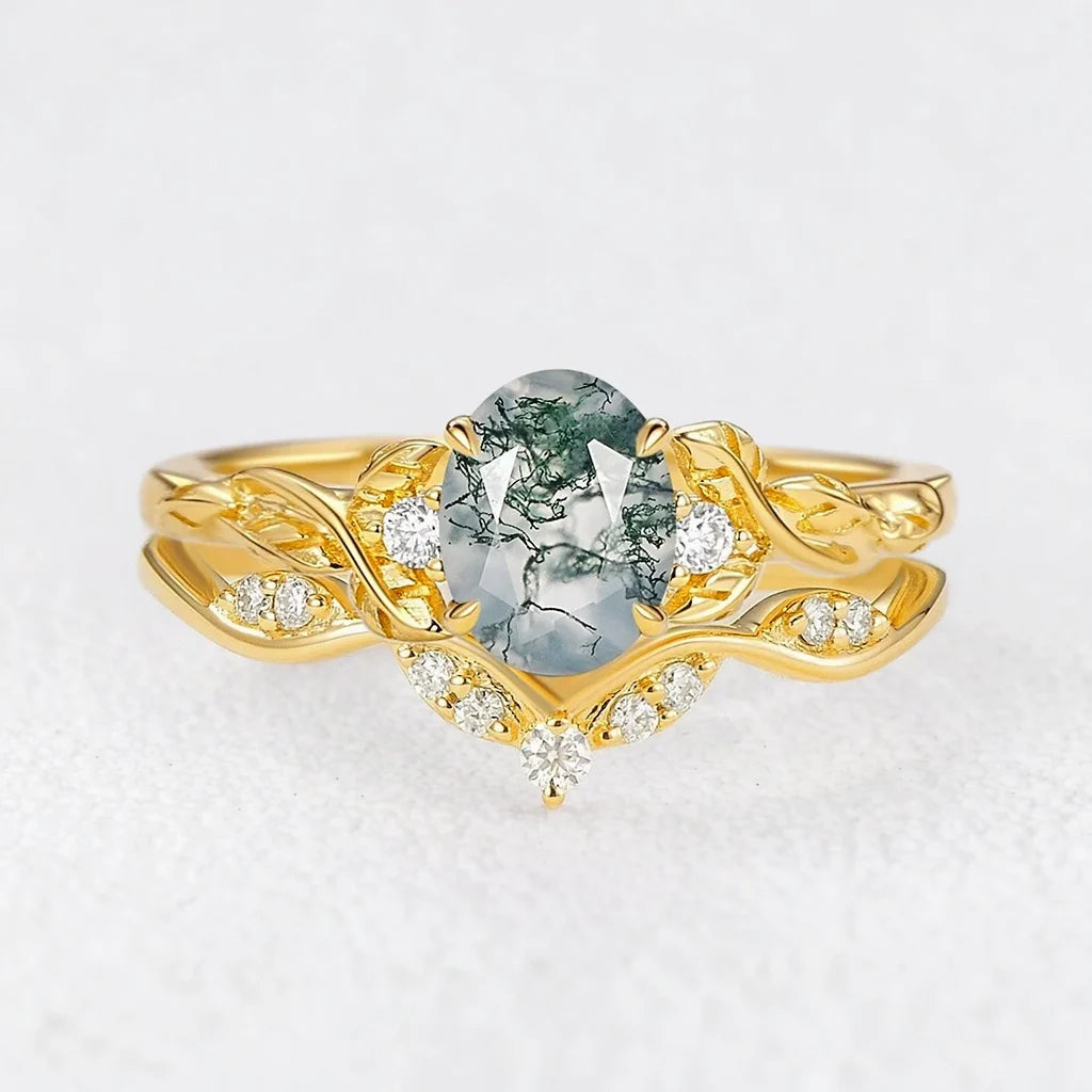 Oval Shaped Moss Agate Leafy Engagement Ring Set 2pcs