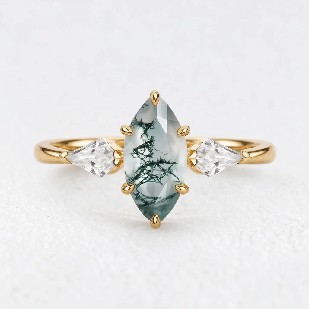 Flora’s Trinity | Minimalist Marquise Cut Moss Agate Three Stone Engagement Ring