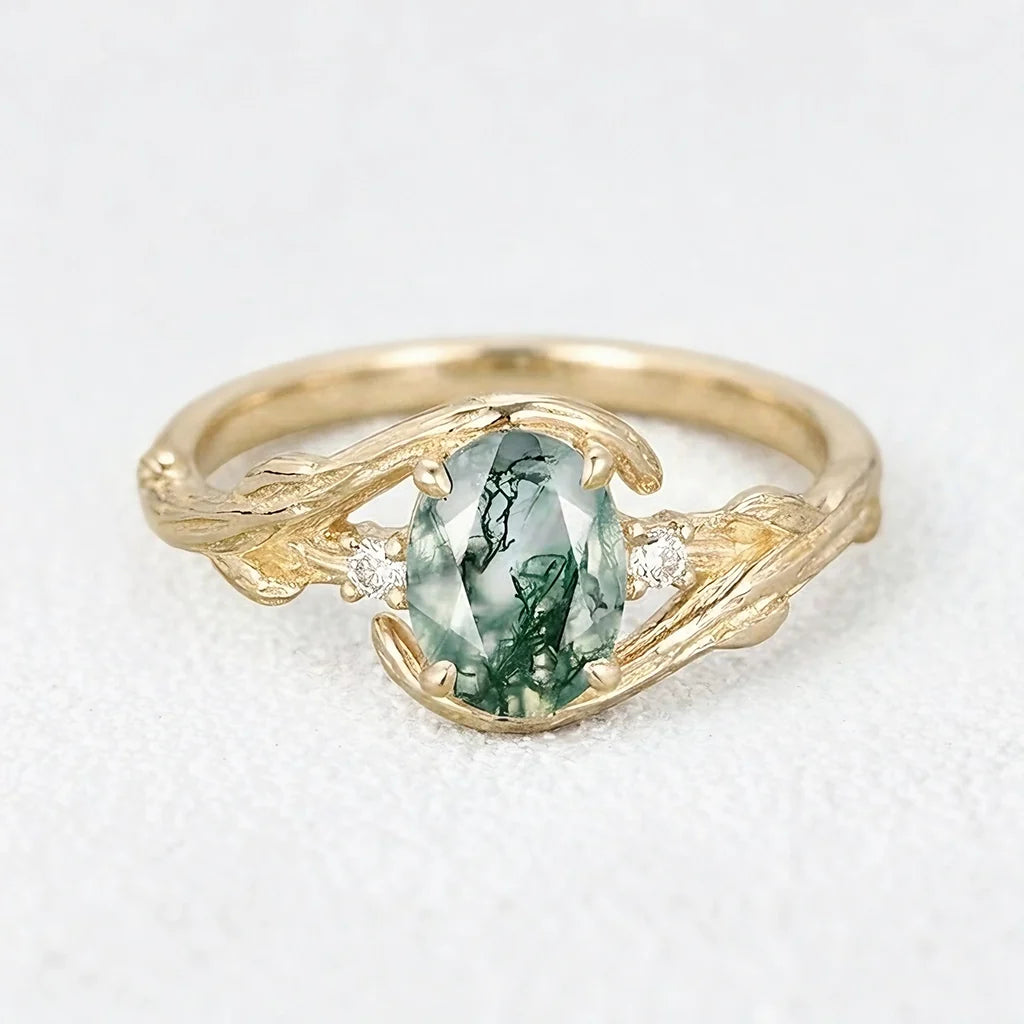 Oval Cut Moss Agate Branches Vintage Engagement Ring