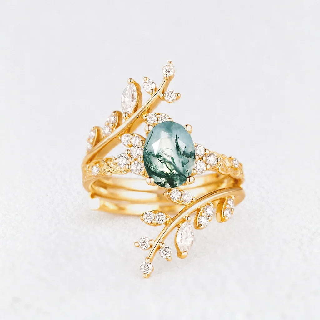 Sylvie’s Thicket | Oval Moss Agate Cluster Leafy Engagement Ring Set 2pcs