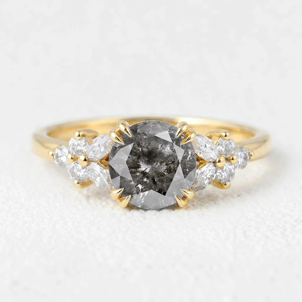Isadora’s Bloom | 1CT Vintage Round Salt & Pepper Moissanite Cluster Engagement Ring