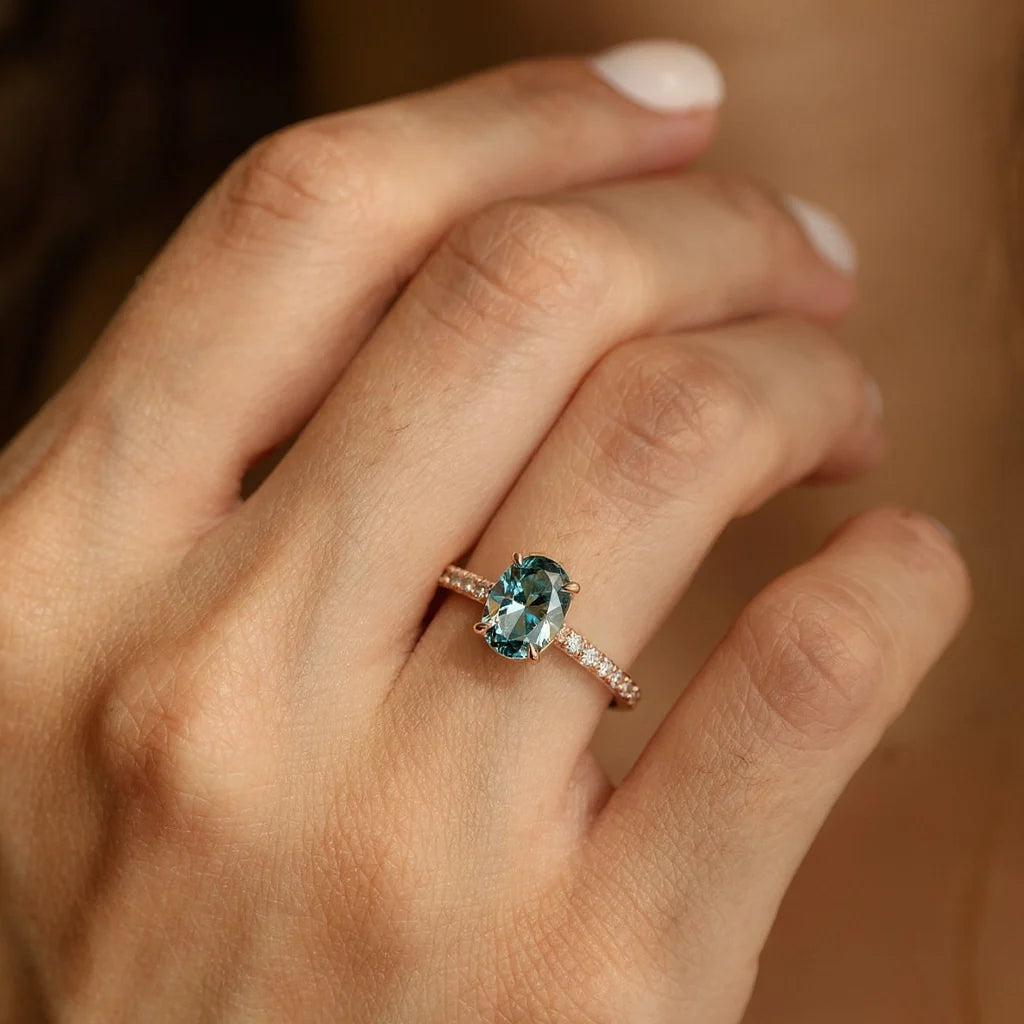 Selene’s Glow | 2CT Oval Cut Green Sapphire Ring