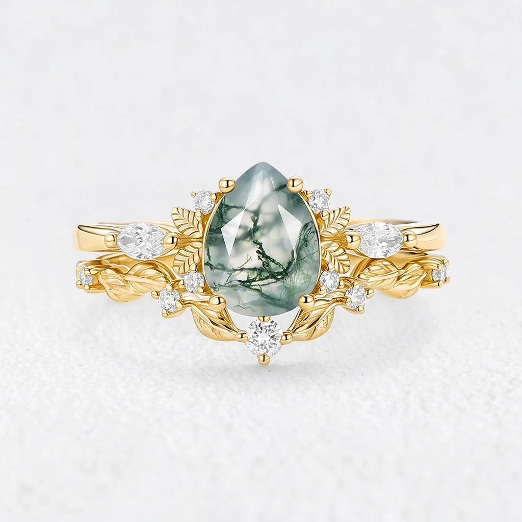 Aurora’s Fairy Bower | Pear Shaped Moss Agate Leafy Bridal Set 2pcs