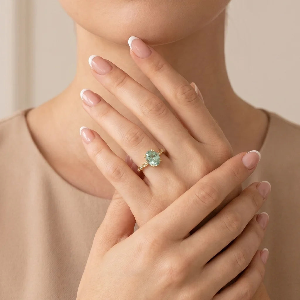 Lydia's Lace | 2CT Oval Green Sapphire Engagement Ring with Lace-Trim Band