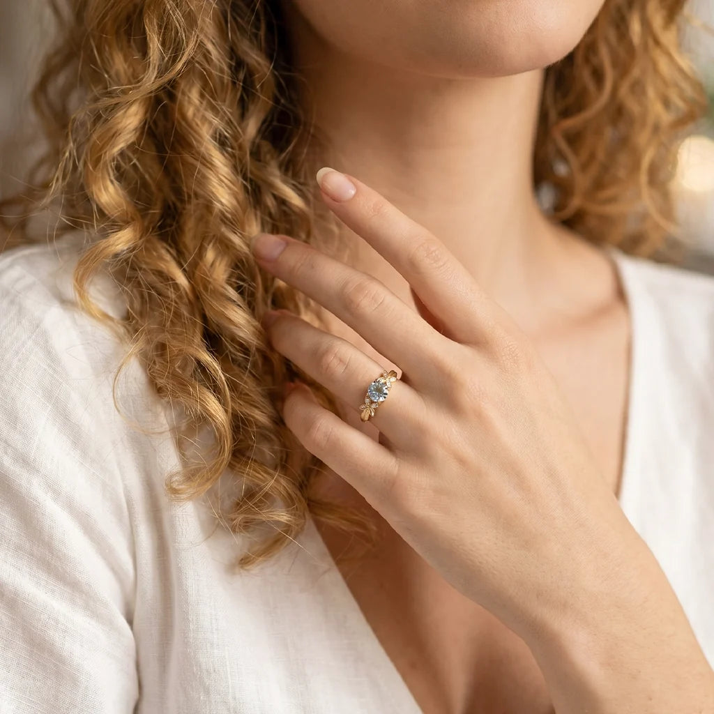 Marina’s Foliage | Round Blue Aquamarine Leafy Engagement Ring