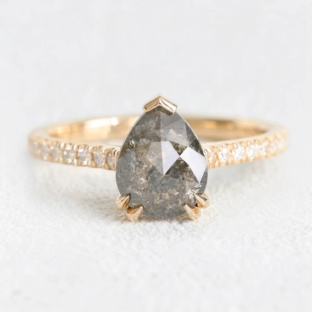 Astrid’s Stardust | 2CT Pear Cut Salt & Pepper Moissanite Pavé Engagement Ring