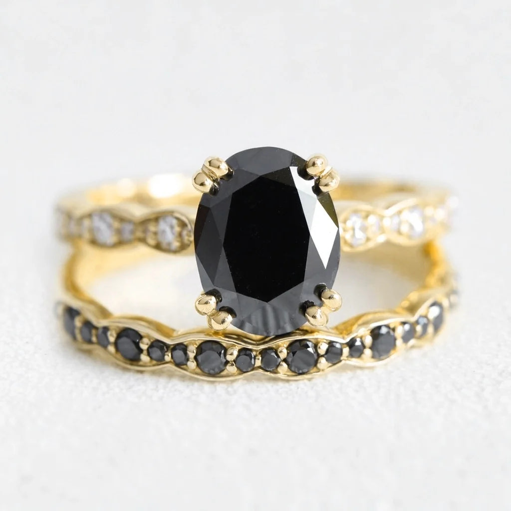 Nyx’s Shadow | Oval Black Moissanite Bridal Set with Black Moissanite Bands 2pcs