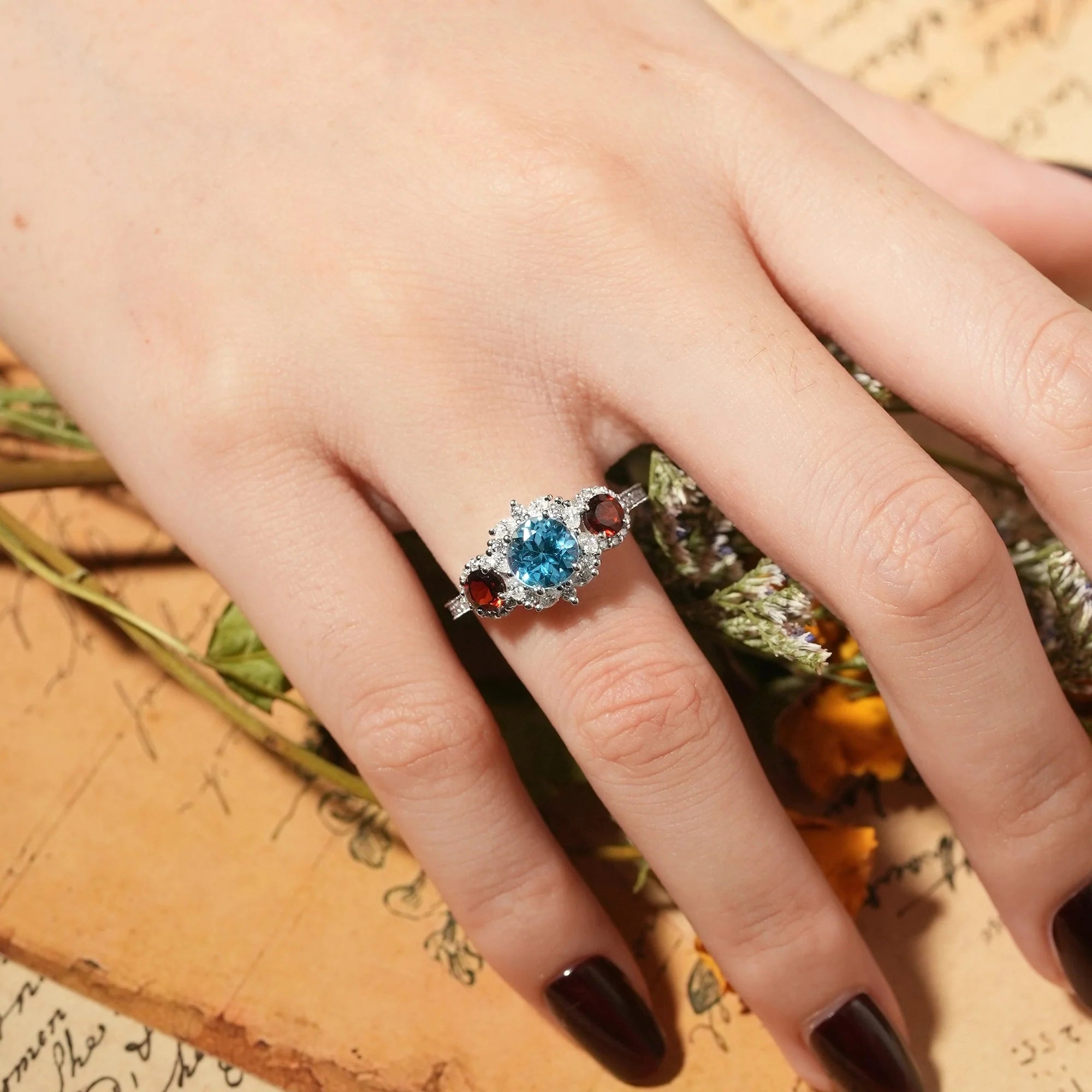 3-Stones Blue Topaz White Gold Halo Engagement Ring-Coraline