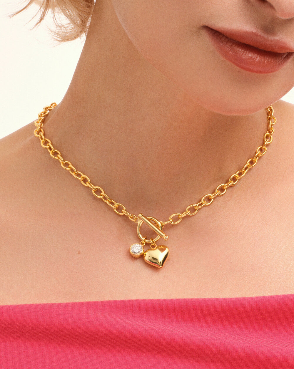 Romantic Gold Heart Pendant Lariat Toggle Necklace In Silver Moissanite - View 2