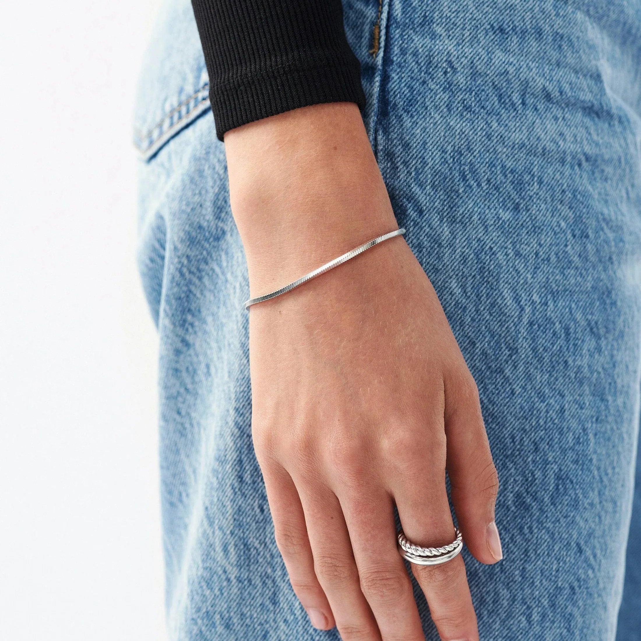 White Gold Plated Silver Square Snake Chain Bracelet