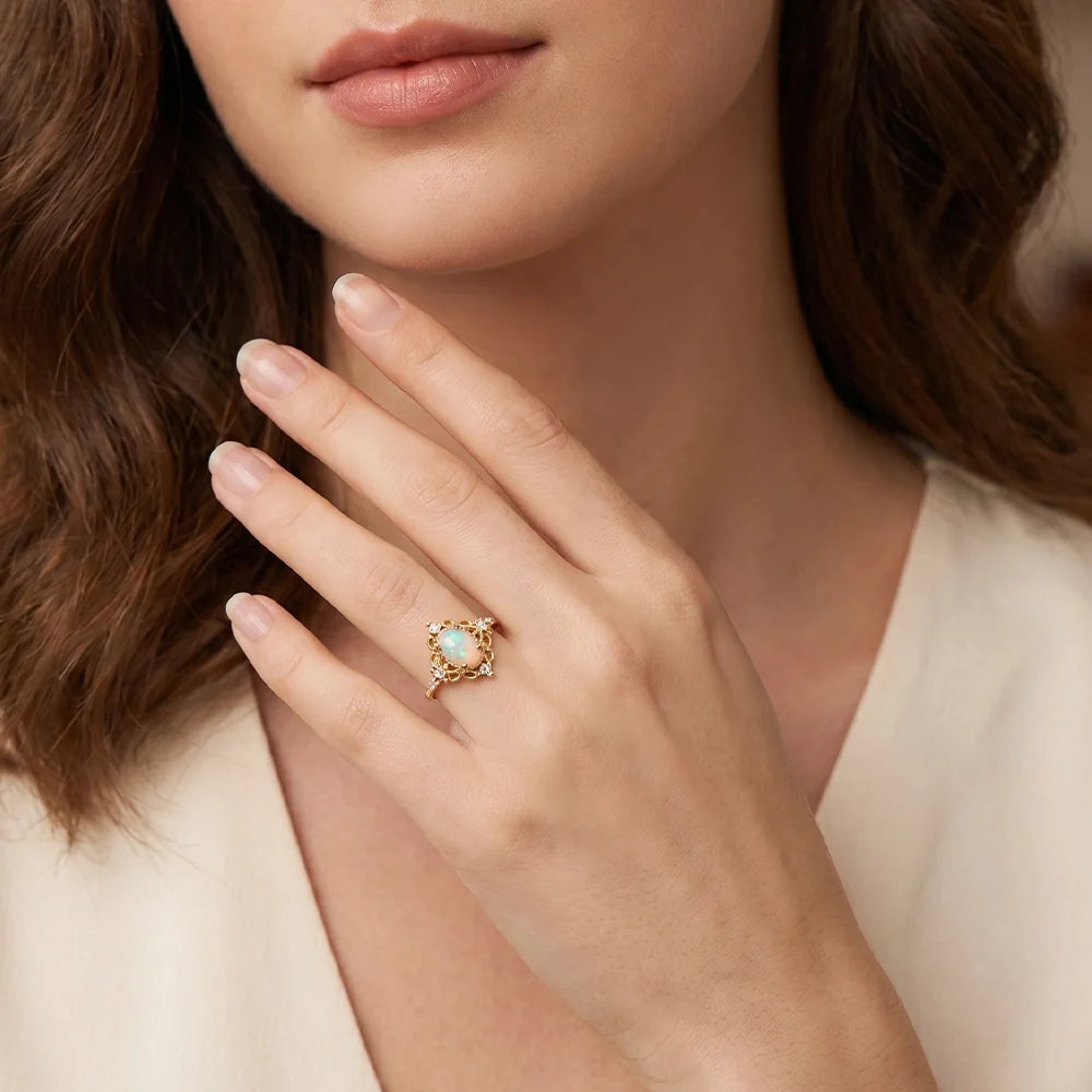 Aurora’s Sheen | Classic Oval Opal Antique Engagement Ring