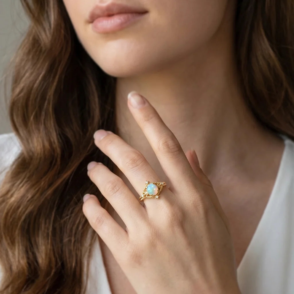 Aurora’s Knotwork | Round Opal Engagement Ring with Open Lozenge Weave & Nodes