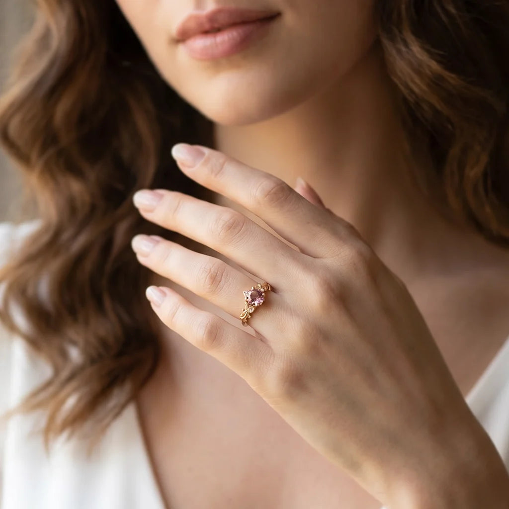 Aurelia’s Blossom | Round Rose Quartz Floral Halo Ring