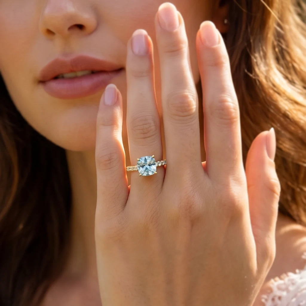 Aria’s Tide | 2CT Cushion Cut Aquamarine Engagement Ring