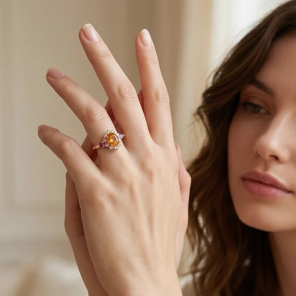 Flora's Wreath | Oval Mandarin Garnet & Multi‑Stone Halo Engagement Ring