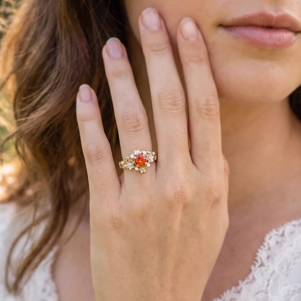 Eve's Blossom | Round Mandarin Garnet Engagement Ring with Petal Setting