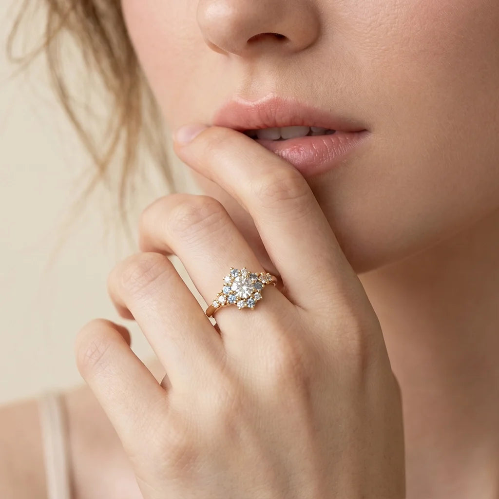 Liora's Corolla | Oval Diamond Engagement Ring with Aquamarine Petal Halo