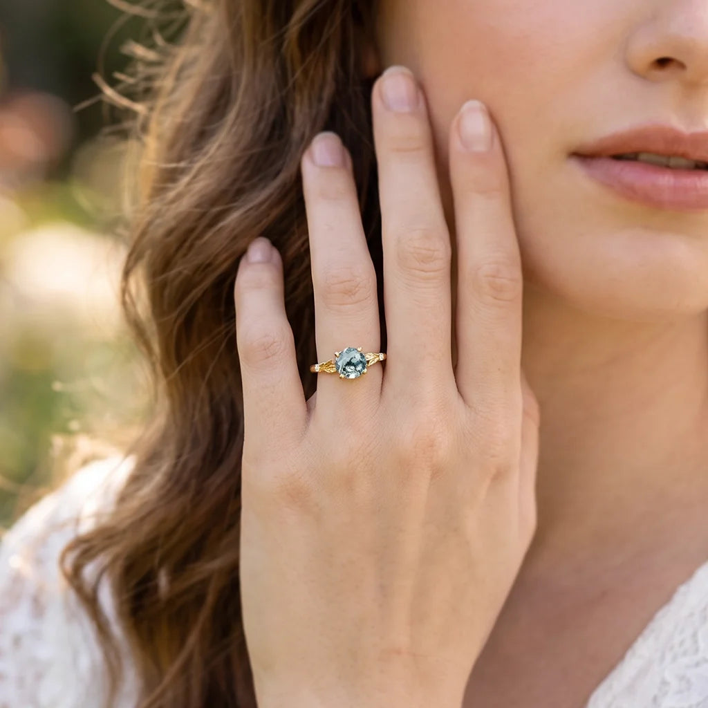 Aurelia’s Leaflet | Round Cut Moss Agate Leafy Engagement Ring - View 2