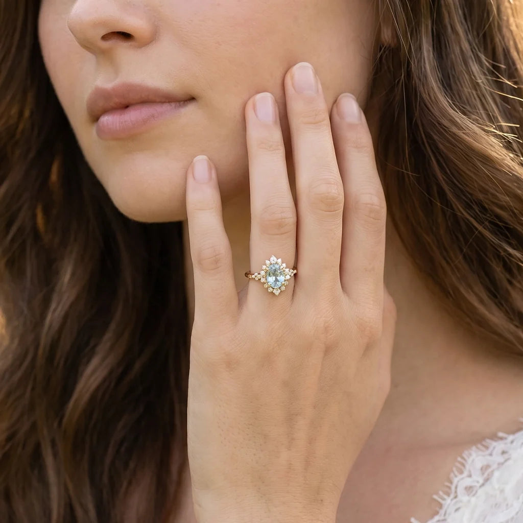 Theia’s Tide | Oval Aquamarine Halo Engagement Ring