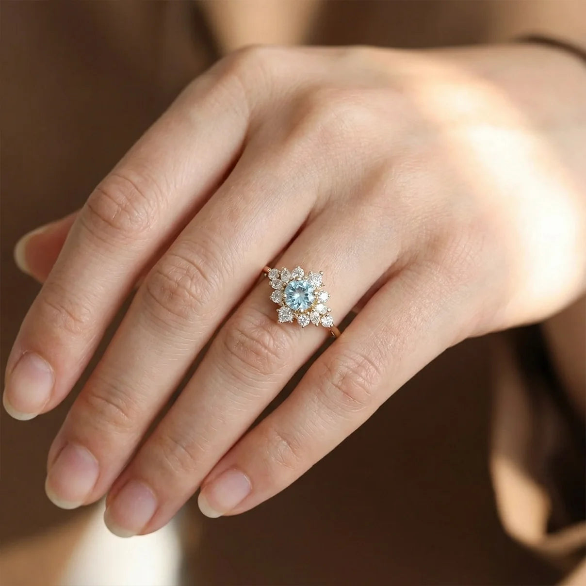 Marina's Blossom | Round Cut Aquamarine Engagement Ring With Pear Moissanite Petals