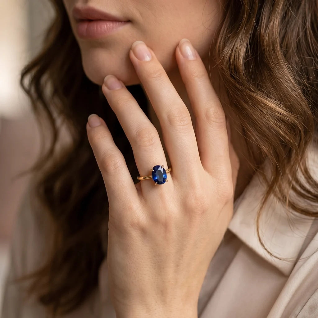 Elara‘s Glacier | 2CT Oval Blue Sapphire Solitaire Engagement Ring