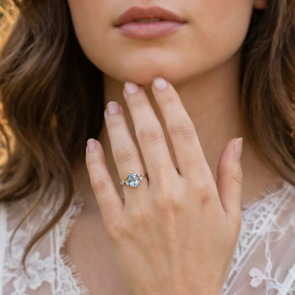 Athena’s Serenity | Pear Cut Blue Aquamarine Engagement Ring