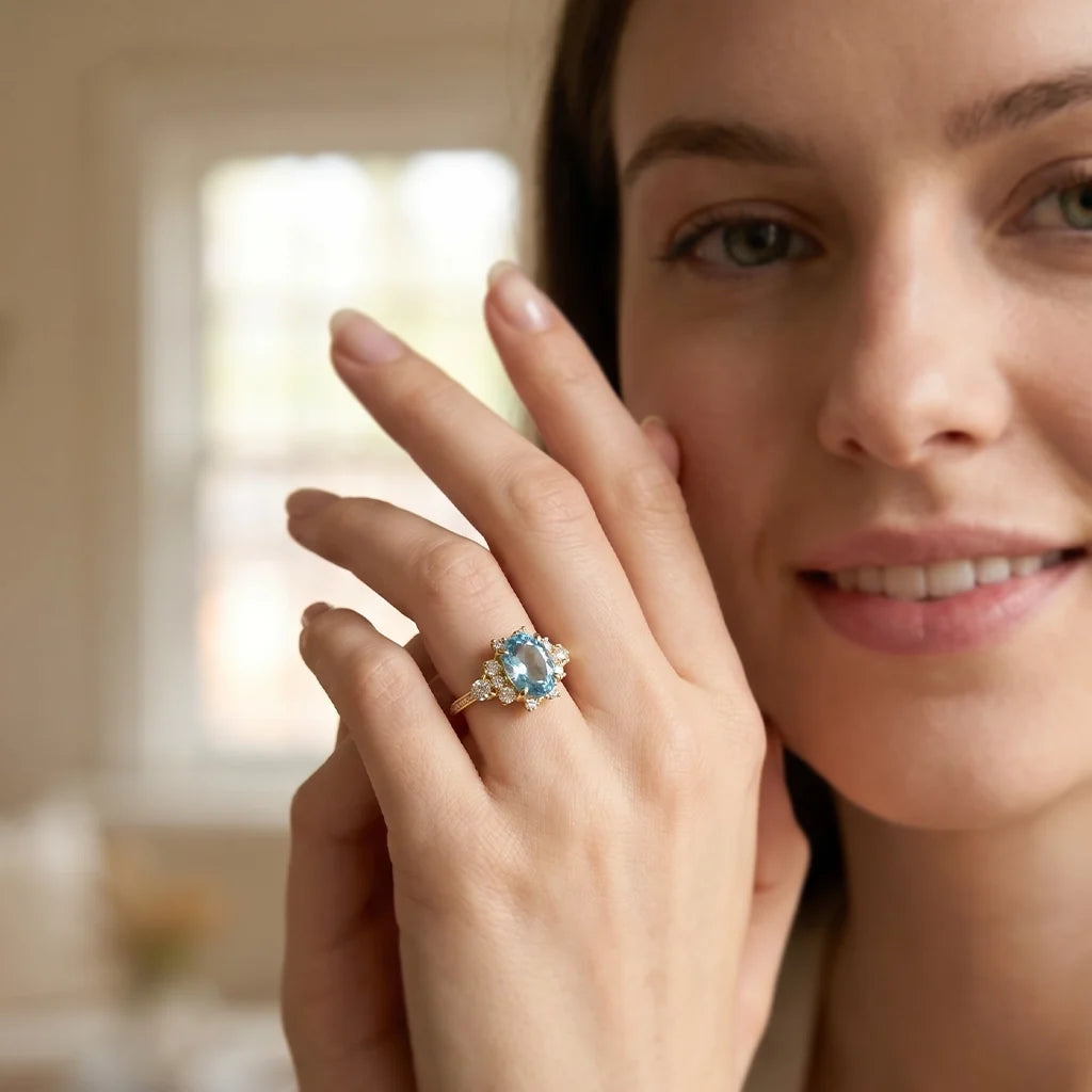 Aria‘s Bay | Oval Cut Blue Topaz Halo Engagement Ring