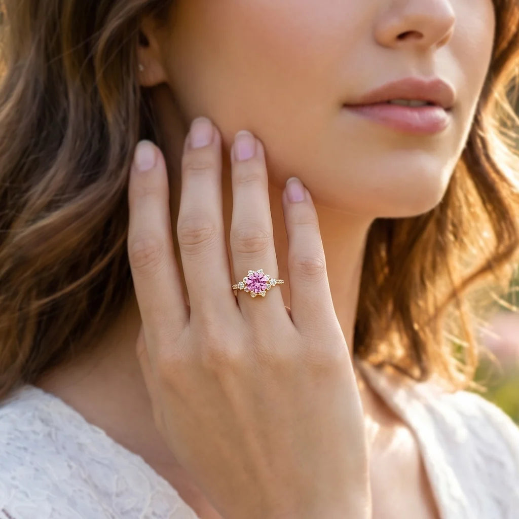 Marina’s Embrace | Round Pink Sapphire Engagement Ring