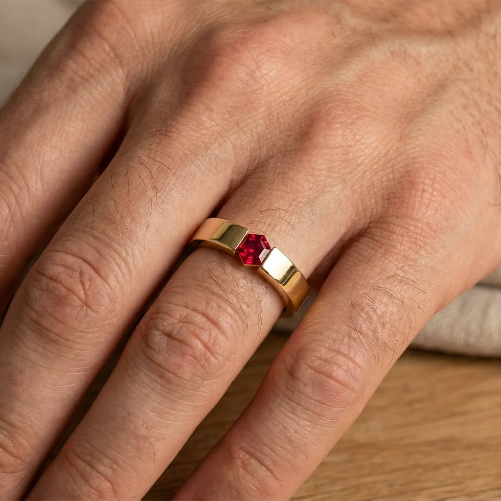 Ruben’s Hexagon | Ruby Tension Set Men's Wedding Band