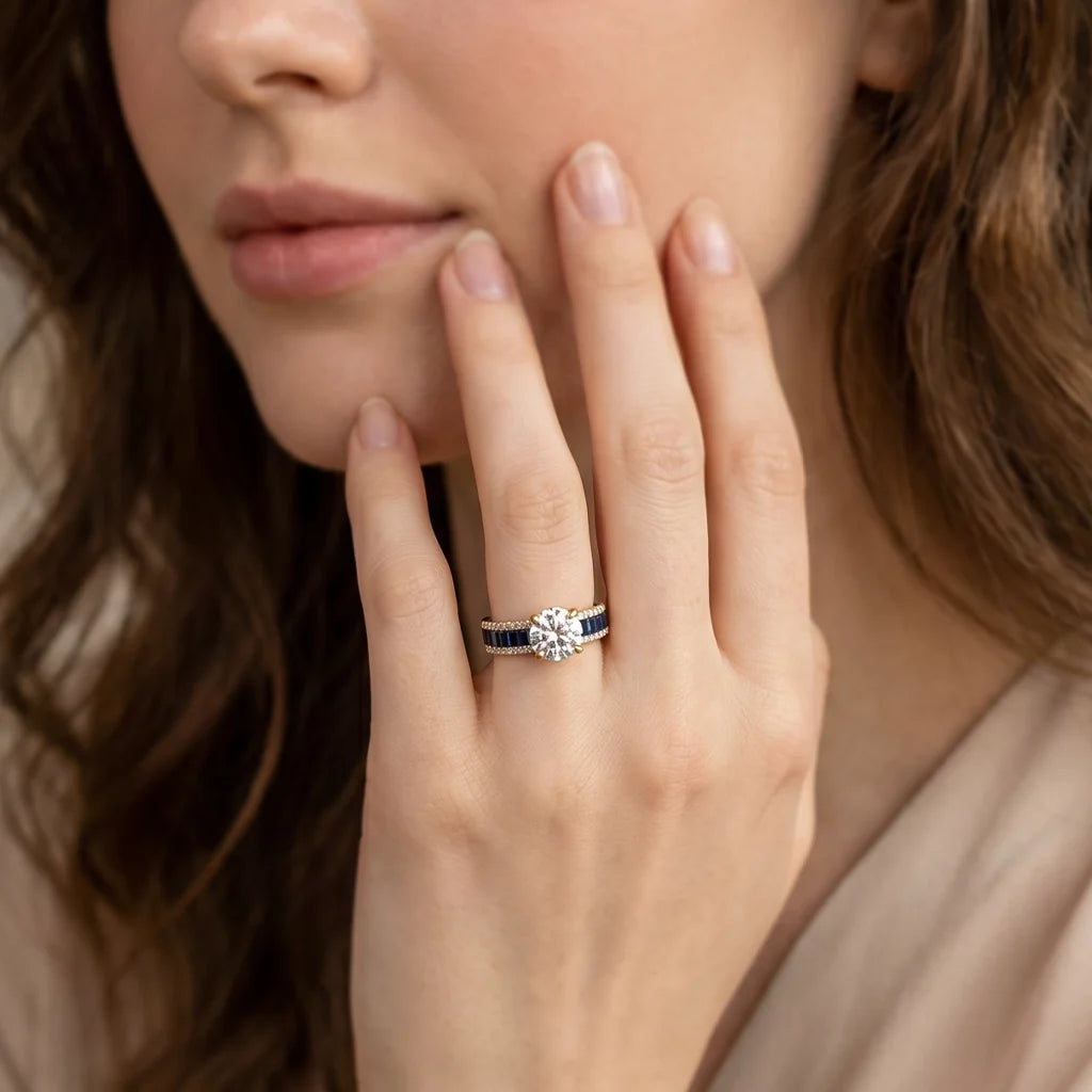 Aurora's Tide | 1CT Round Diamond & Blue Baguette Engagement Ring