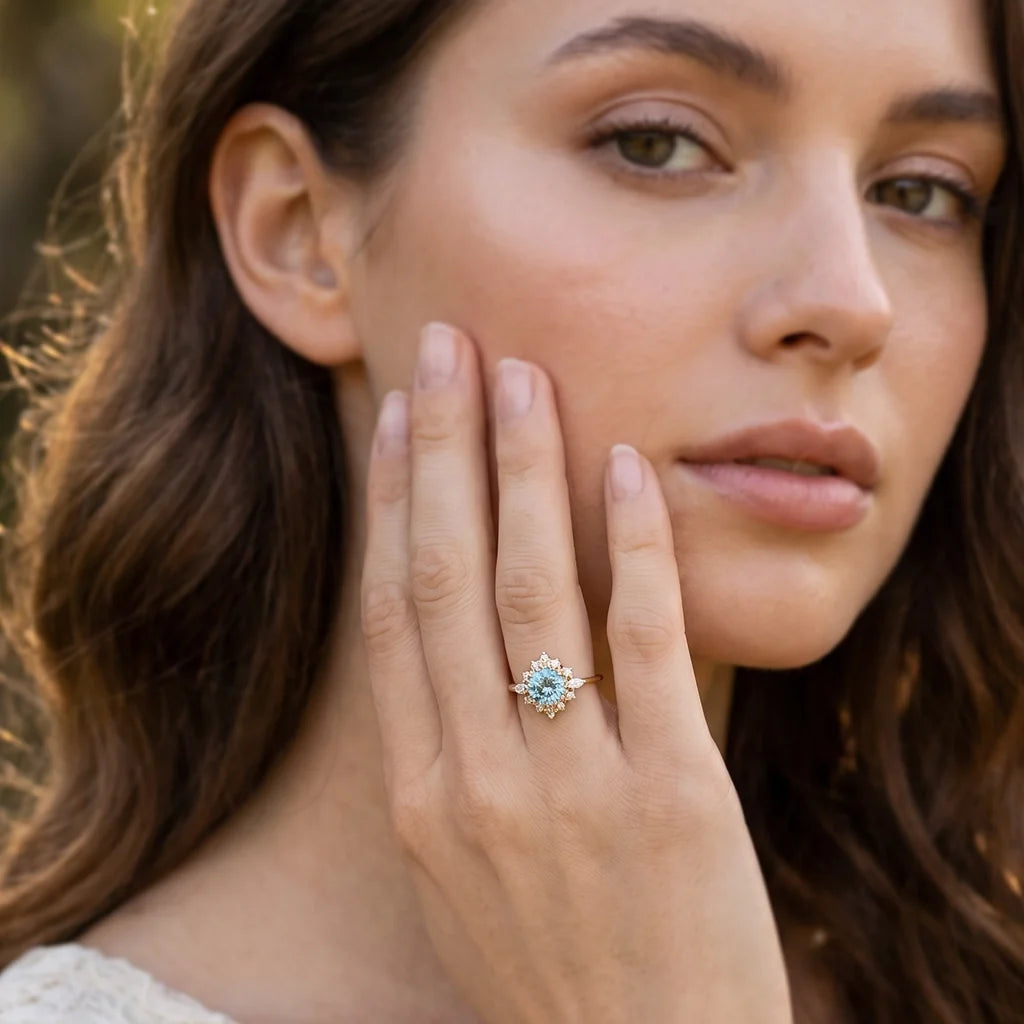 Marina's Swell | Round Cut Aquamarine Halo Engagement Ring