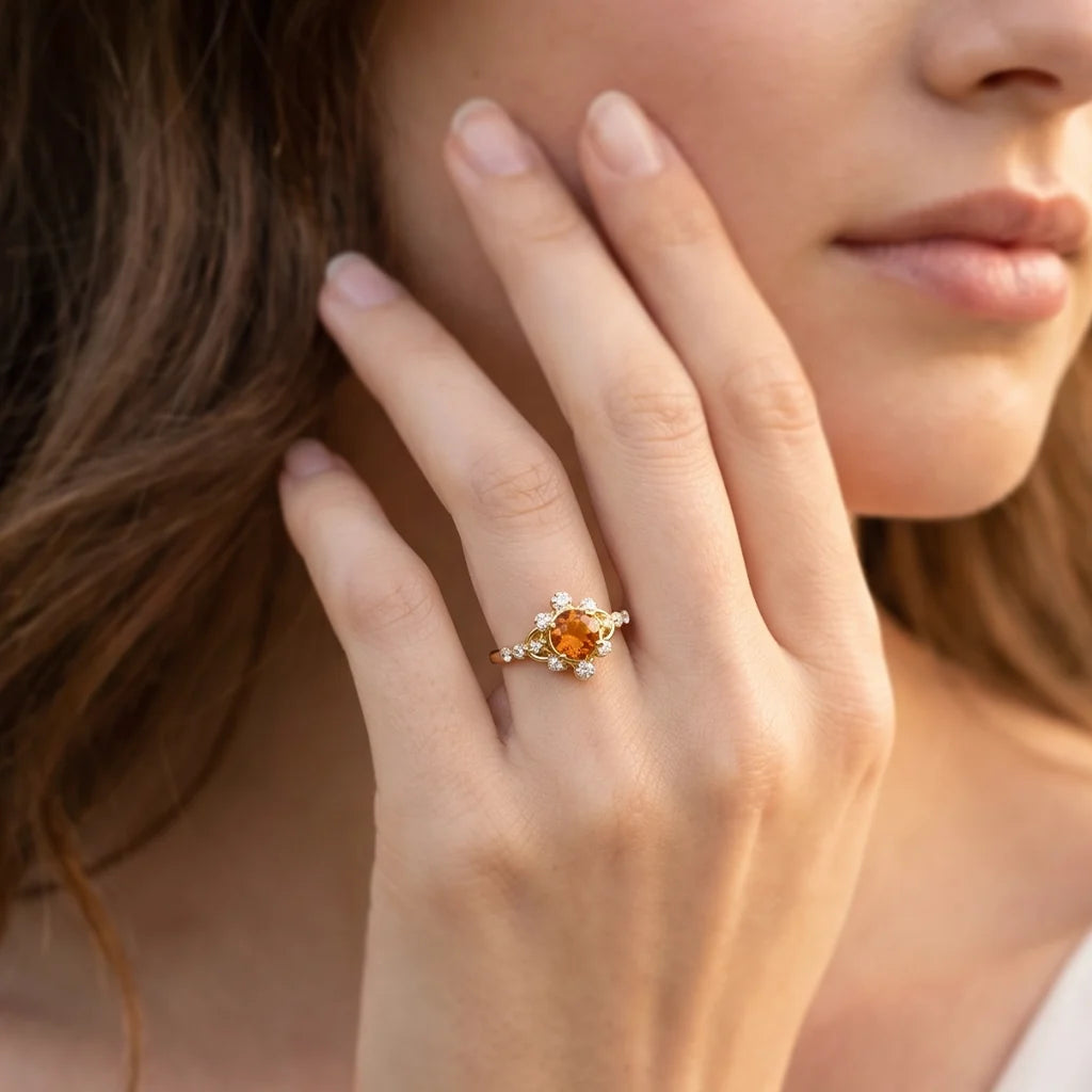Aurora’s Ember | Round Citrine Vintage Halo Engagement Ring