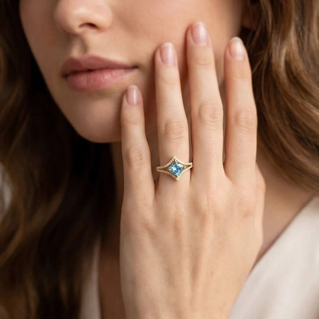 Celia’s Tide | 2CT Princess Aquamarine Halo Engagement Ring