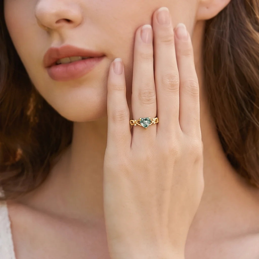Alexandra’s Heart | Heart Cut Moss Agate Engagement Ring - View 2