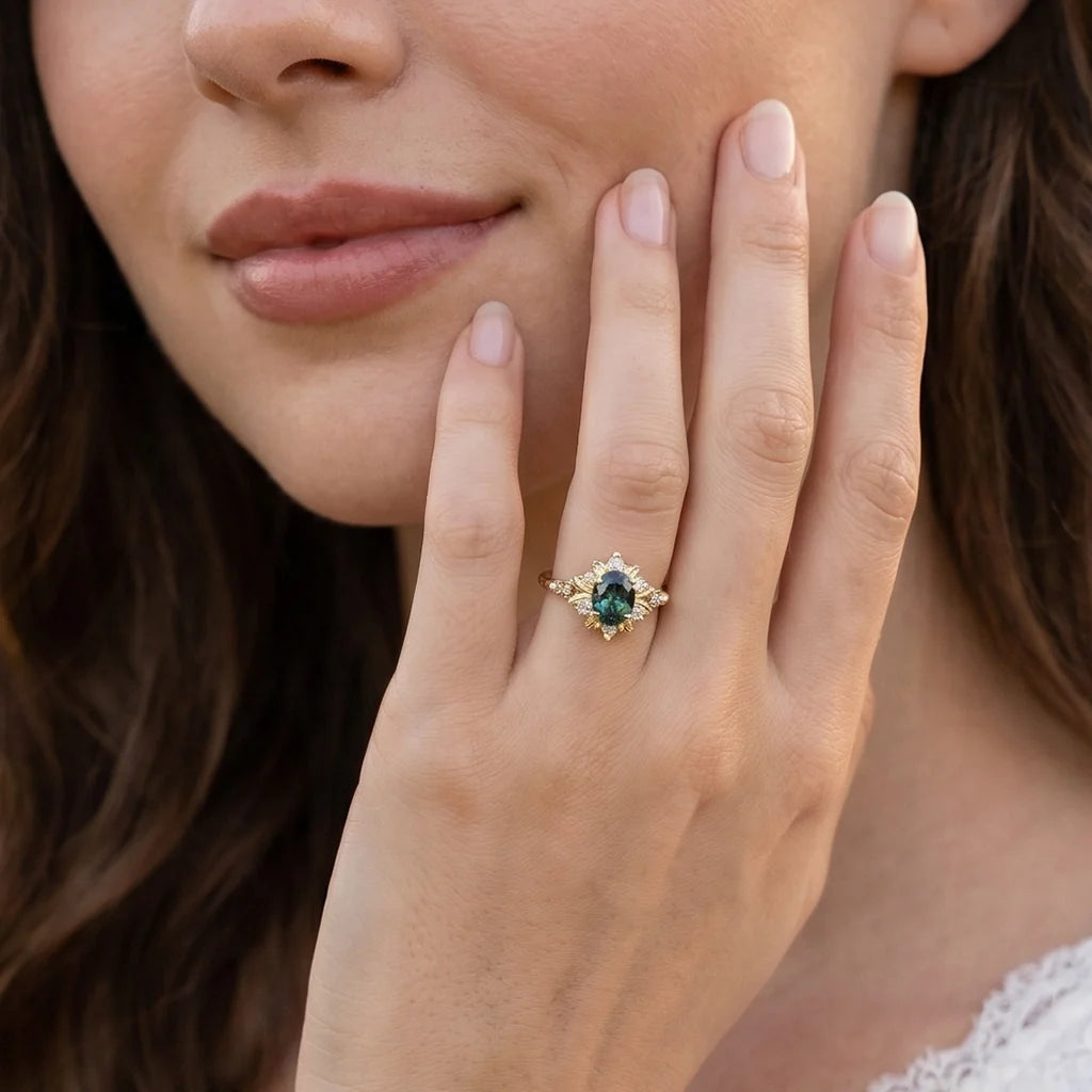 Rosalind‘s Bloom | Oval Cut Green Moissanite Halo Engagement Ring
