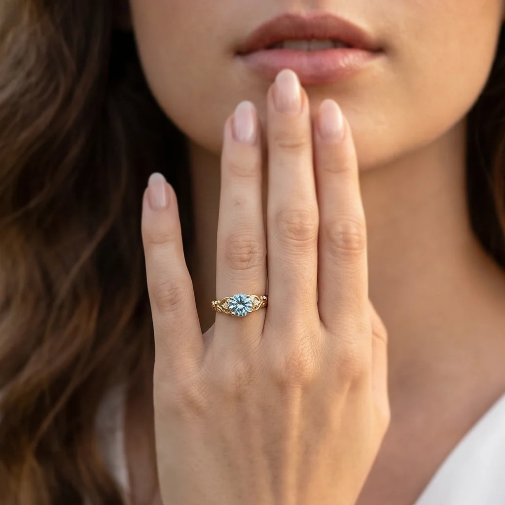 Marina’s Cameo | Round Blue Aquamarine Gold Engagement Ring