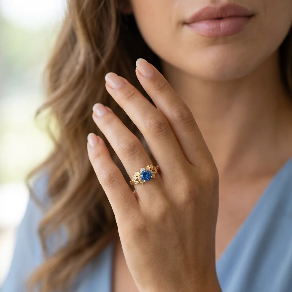 Valentina’s Blossom | Round Blue Sapphire Antique Floral Halo Ring