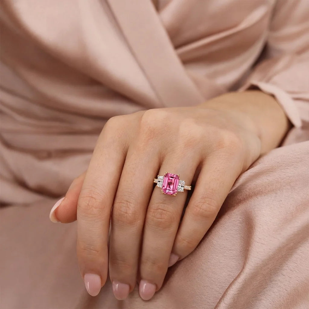 Cleo's Romance | 3CT Emerald Cut Pink Sapphire Engagement Ring