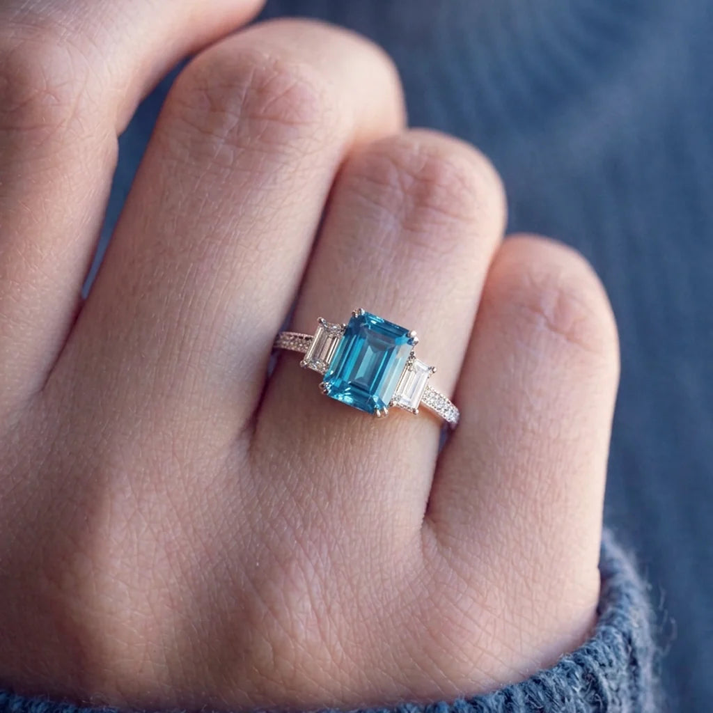 Cleo's Breeze | 3CT Sea Blue Baguette Sapphire Solitaire Statement Ring