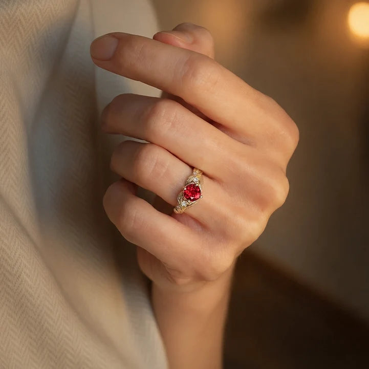 Rosalind’s Olive | Round Ruby Solitaire Ring with Olive Leaf Diamond Accents