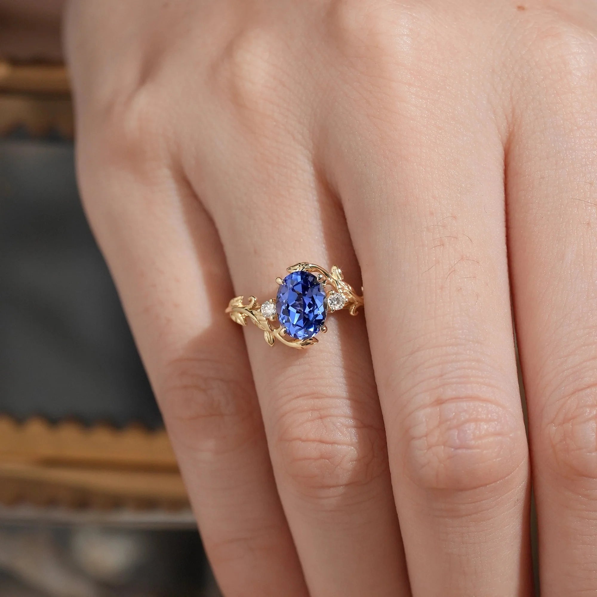 6x8mm Oval Cornflower Sapphire Leaf Shaped Ring-Leila