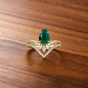 Mila 1.7CT Pear Emerald Classic Vintage Ring Set on warm walnut