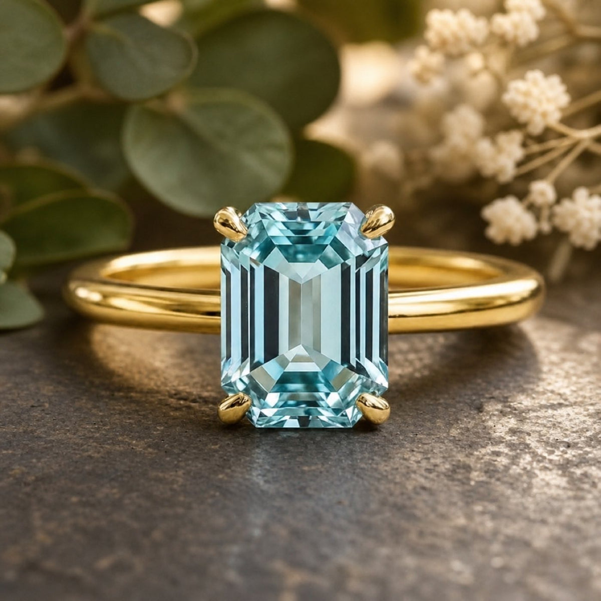Celia's Lodestar 3CT Emerald Cut Aqua Sapphire Solitaire on warm walnut