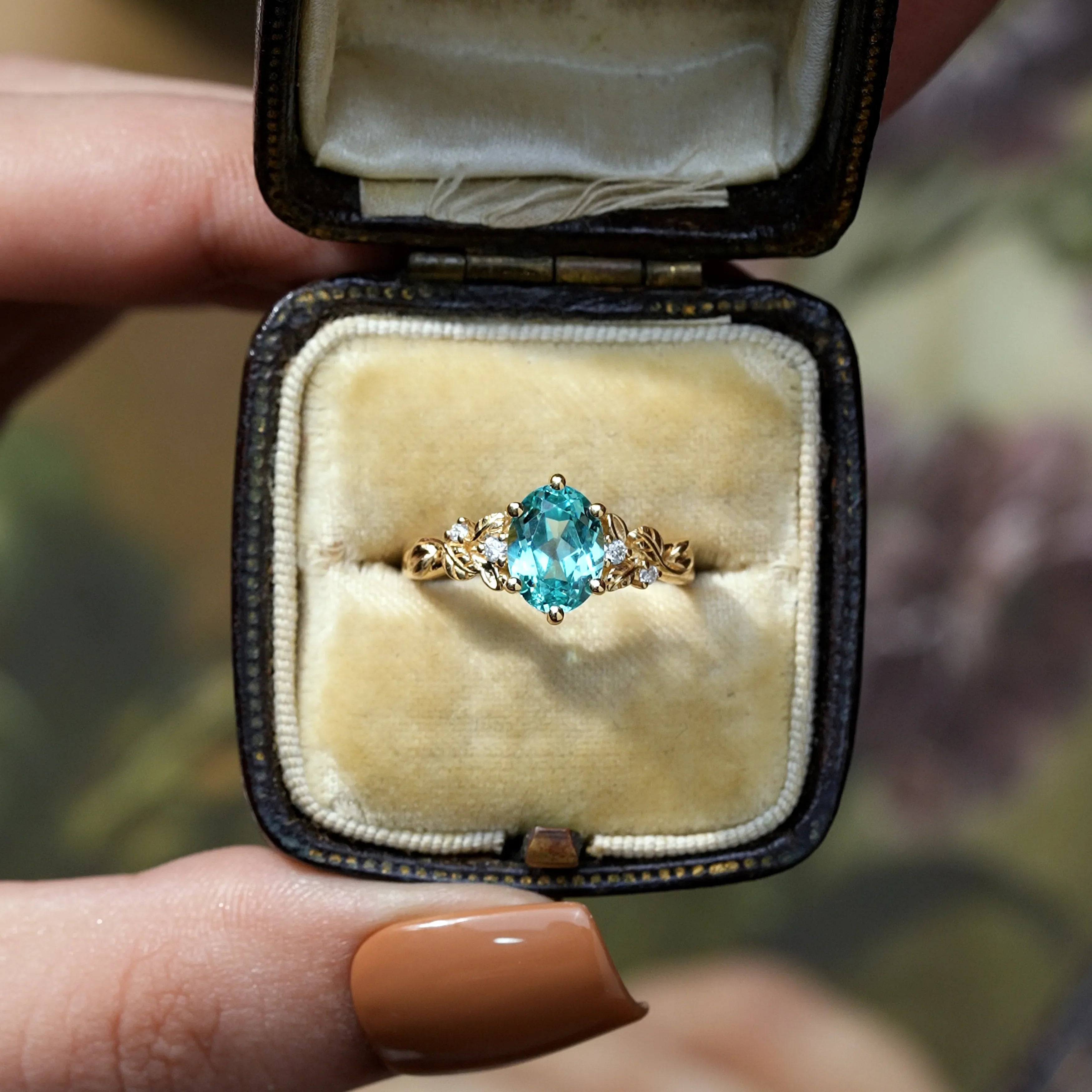 Oval Cut Paraiba Leaf Engagement Ring - Cora | Nartya