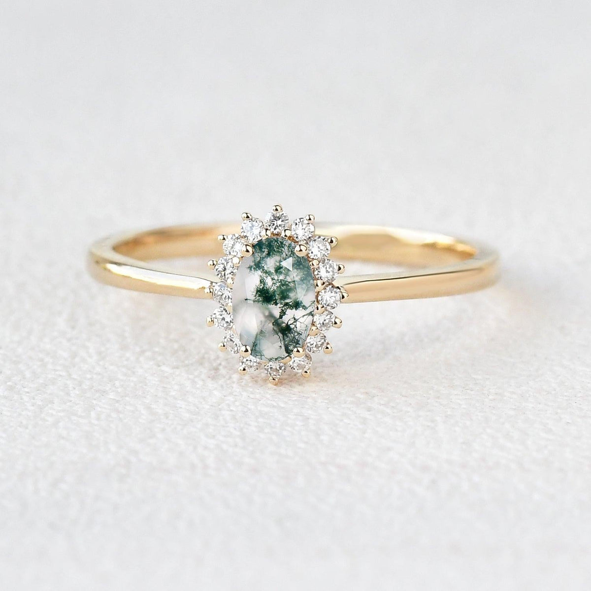 Genevieve’s Heritage | Oval Moss Agate & Moissanite Engagement Ring